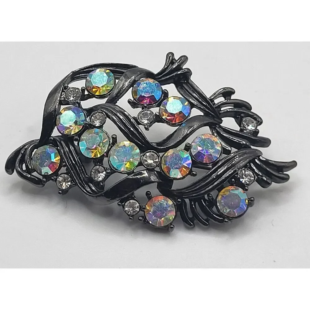 AB Rhinestone Gunmetal Brooch 2.5in